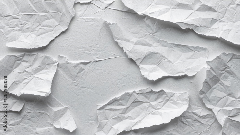Poster crumpled white paper texture background with irregular shapes and creases for design and art project