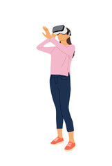 Beautiful girl in virtual reality headset. Young woman in dress wearing digital glasses travel in metaverse. Modern technologies. Flat Vector illustration isolated