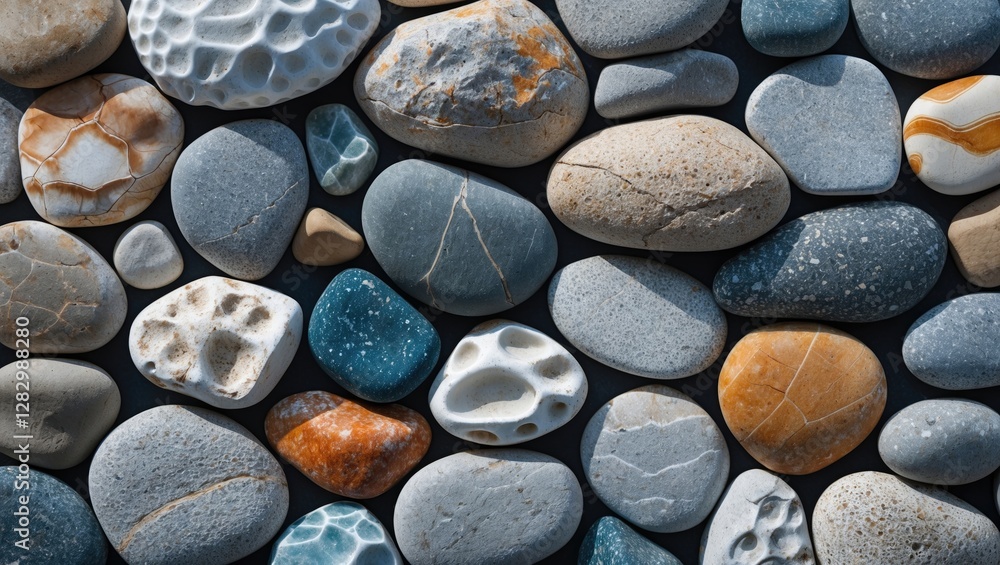 Poster assorted smooth stones and pebbles in various colors and textures arranged closely on a flat surface