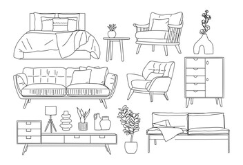 Collection of elegant modern furniture and home interior decorations in trendy Minimalist Scandinavian style hand drawn line art black sketch on white background. Monochrome vector illustration. © Creative_Juice_Art