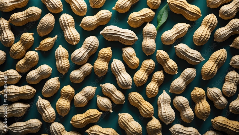 Aufkleber peanuts in shell scattered on a green background with a leaf accentuating their natural texture and 