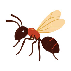A cartoon illustration of a red and black ant from a top-down view.