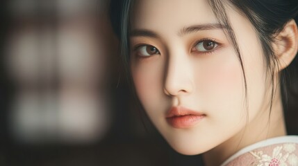 A serene portrait of a young woman with delicate features, captured in soft lighting, showcasing her elegance and graceful expression.