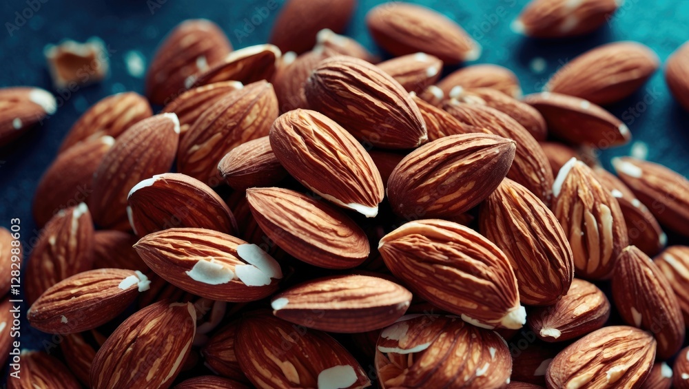 Poster raw almonds in a close-up view with a focus on their textured shells arranged on a blue surface with