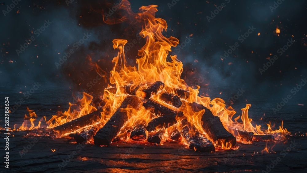 Poster vibrant flames dancing around logs in a dark environment, creating a dramatic and warm abstract fire