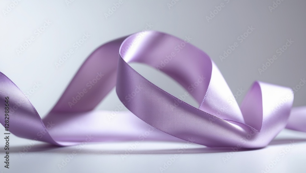 Poster purple satin ribbon on grey background with soft lighting and smooth curls creating a delicate and e