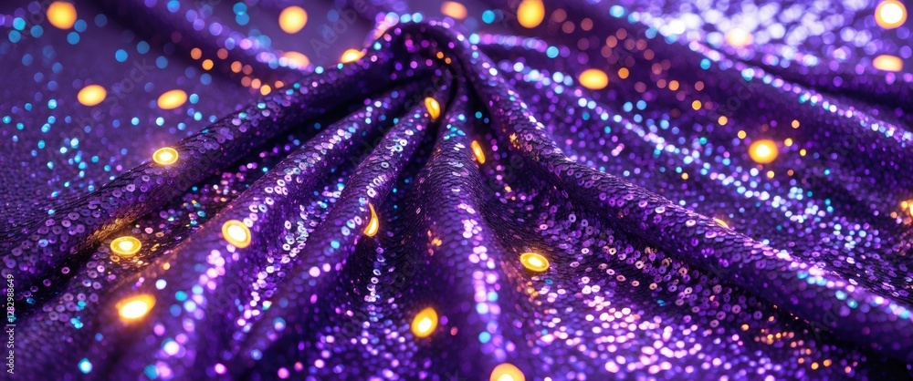 Poster purple sequined fabric with sparkling lights creating a textured and reflective surface in a vibrant