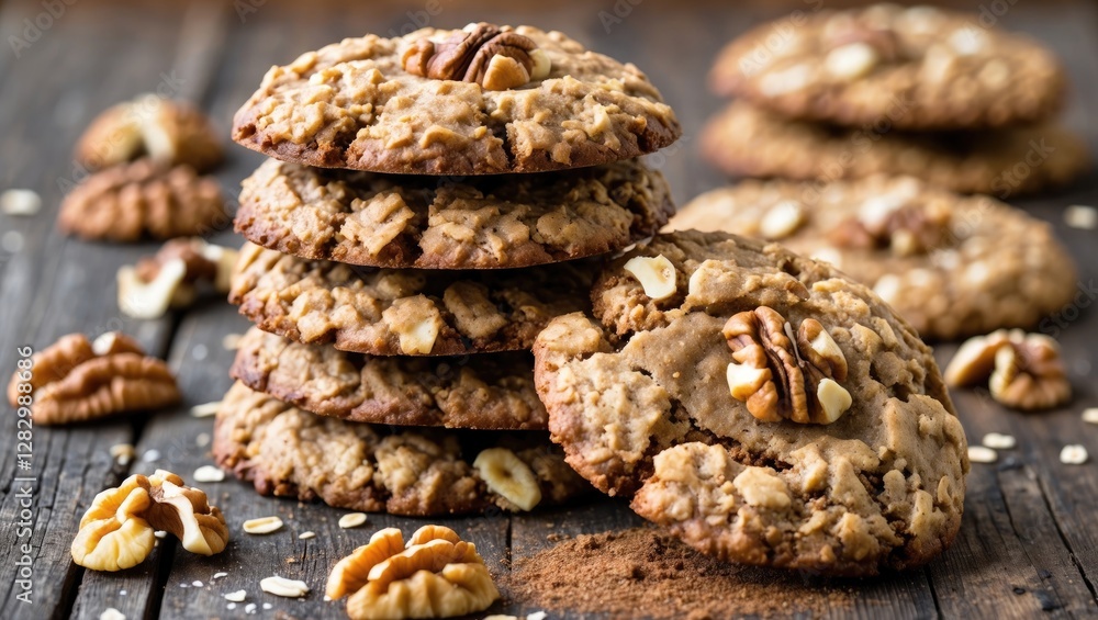 Poster stack of homemade oatmeal cookies with walnuts on rustic wooden surface showcasing healthy dessert a