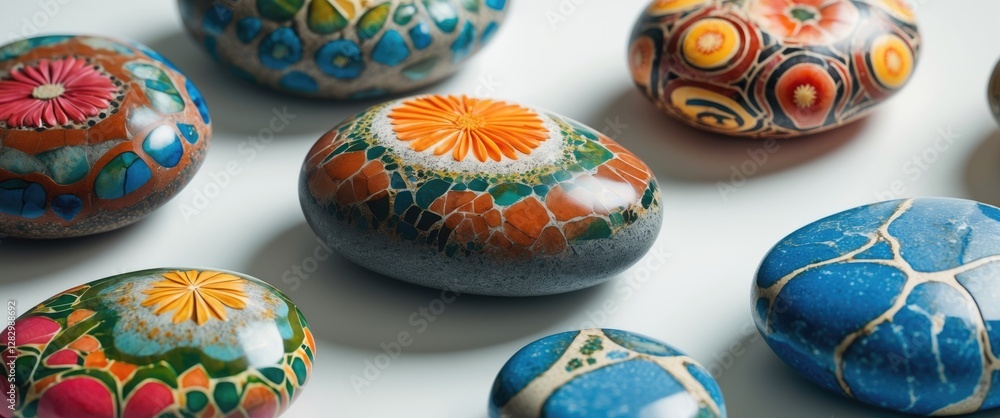 Poster decorative painted stones with intricate designs and patterns in various colors arranged artisticall