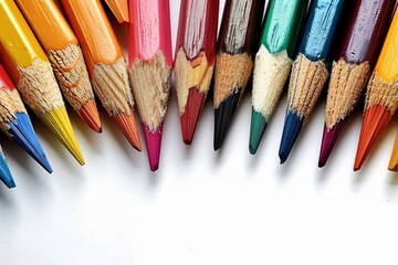 Fototapeta premium Vibrant assortment of colored pencils beautifully arranged on a clean, bright white surface