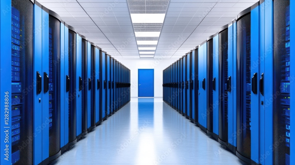Poster a modern data center hallway featuring rows of blue server racks, emphasizing technology and organiz
