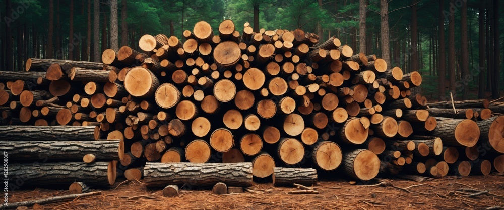Poster stacked logs in a lush forest environment showcasing various sizes of timber with a backdrop of gree