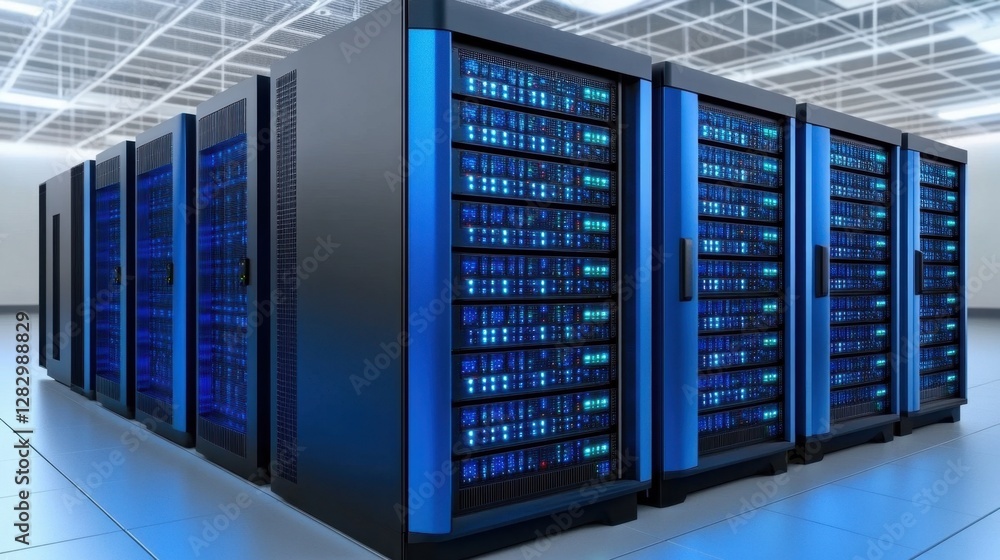 Poster a modern data center featuring rows of blue-lit server racks, showcasing advanced technology and a s