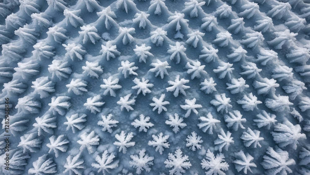 Poster detailed close-up of frost patterns on a surface featuring intricate snowflake designs in varying si