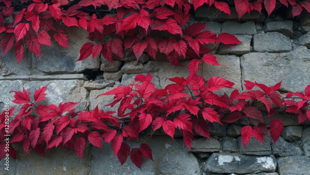 Poster red foliage on a stone wall with visible texture and gaps highlighting the contrast between nature a