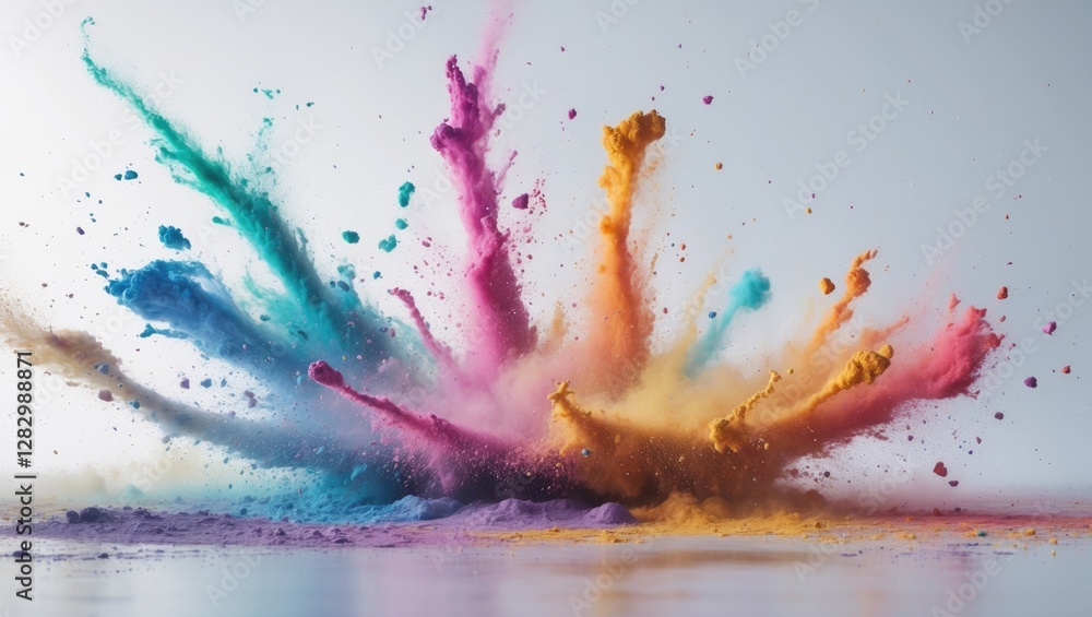 Poster vibrant explosion of multicolored powder creating a dynamic abstract pattern against a clean white b