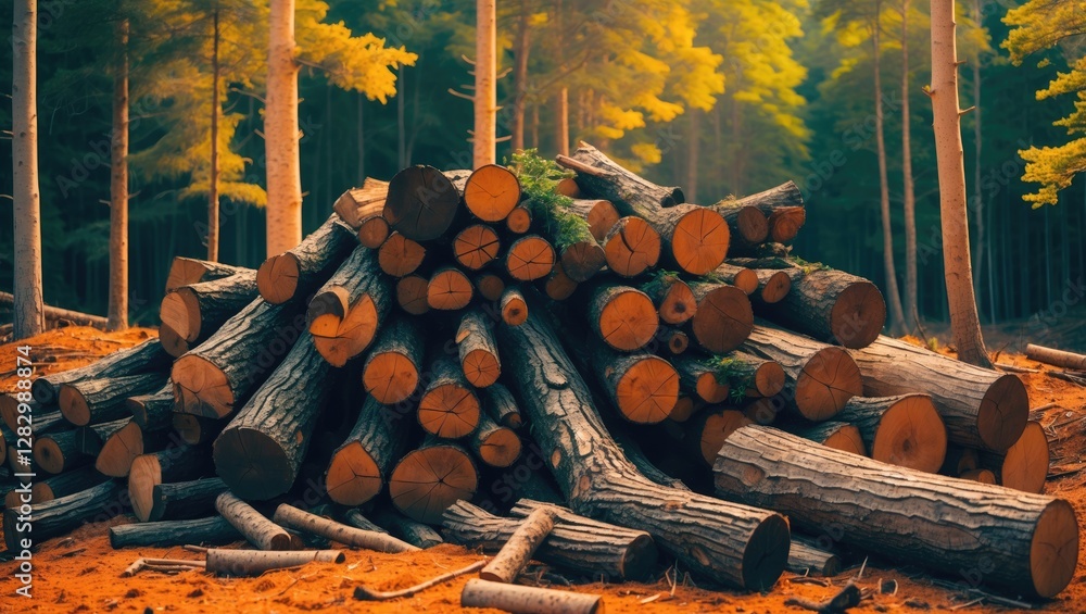 Poster cut logs stacked in a forest setting highlighting the impact of deforestation on coniferous tree pop