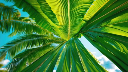 Close up view of vibrant green palm leaf underside against a bright sky perfect for background or texture in tropical settings.