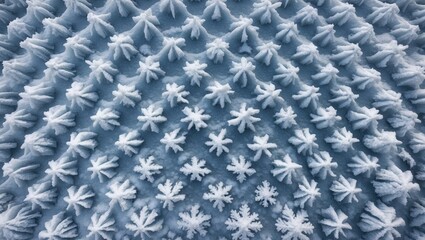 Detailed close-up of frost patterns on a surface featuring intricate snowflake designs in varying sizes and shapes