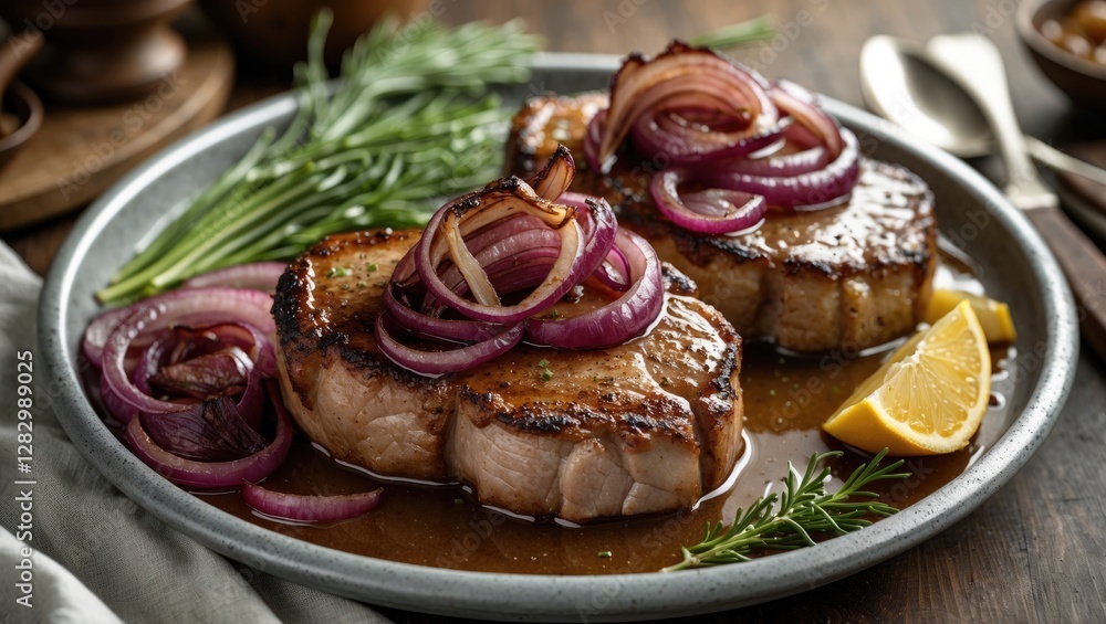 Poster grilled pork chops with caramelized onions and lemon served on a rustic plate with fresh herbs in a 