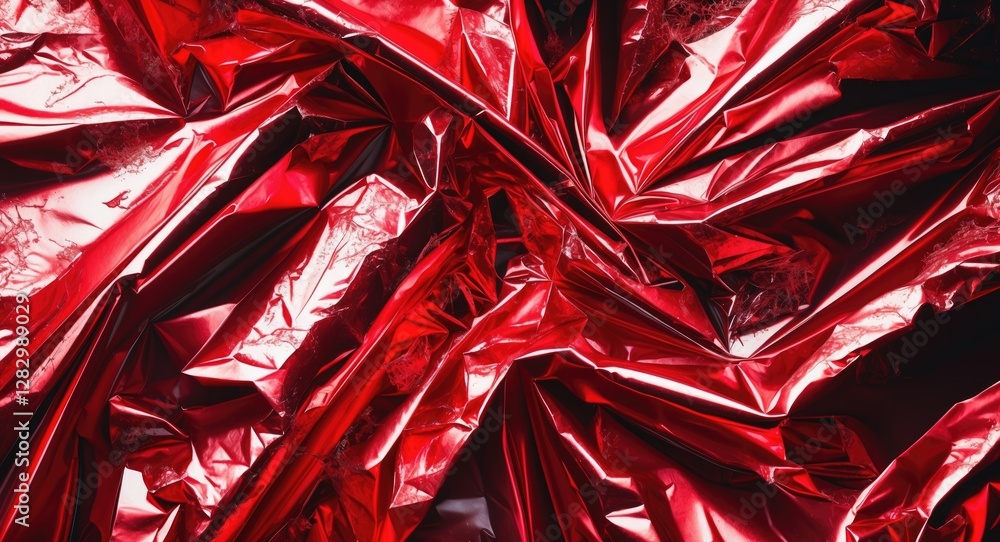 Poster textured and crumpled shiny red metallic foil background with light reflecting off the surface creat