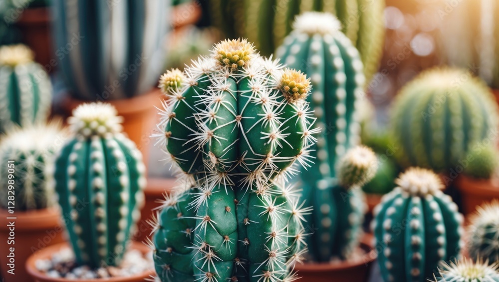 Poster cactuses in various shapes and sizes displayed in terracotta pots under soft sunlight in a botanical