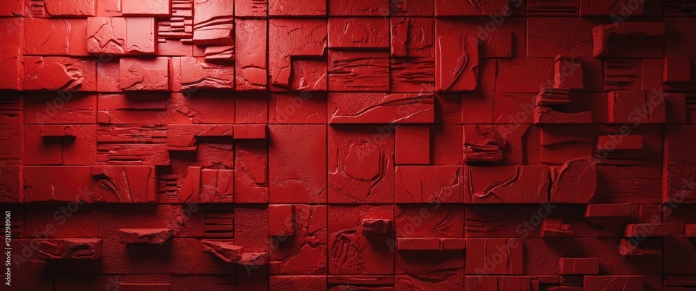 Poster red textured wall composed of interlocking panels featuring geometric patterns and surface relief de