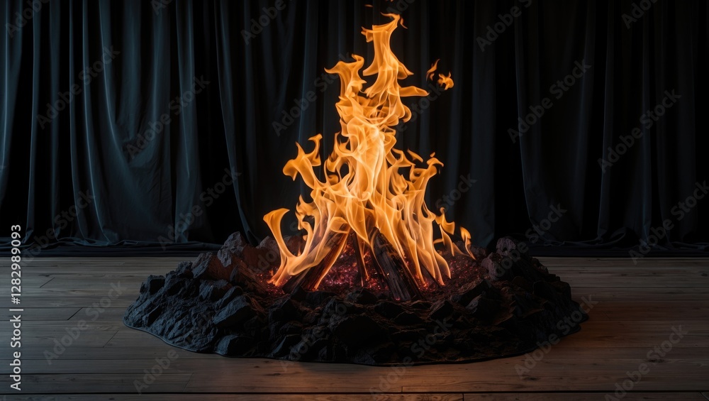 Poster dynamic flames dancing against a dark backdrop creating a striking visual contrast in a cozy and inv