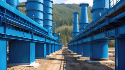 Blue industrial piping system with tall structures set against a mountainous landscape showcasing modern outdoor construction technology.