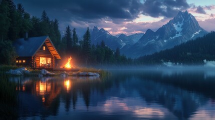 Fototapeta premium Lakeside Cabin Fire Mountain Scenery Evening