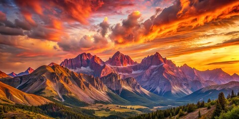 A dramatic mountain landscape with a vibrant sky in shades of orange and pink during sunset , rugged terrain, colorful mountains