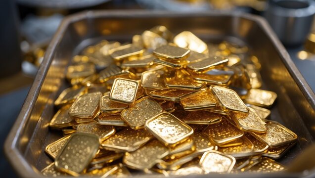 Golden ingots stacked in a metal tray showcasing wealth and luxury, ideal for finance or jewelry-related concepts.