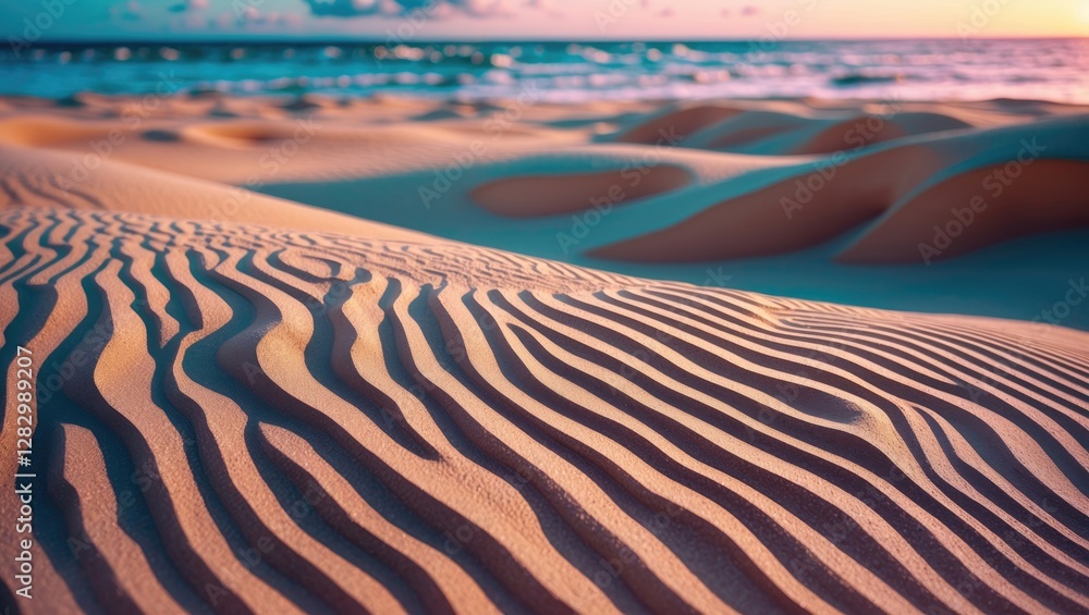 Poster sand dunes with wave patterns at sunset by the ocean shoreline under a blue sky and soft clouds in t