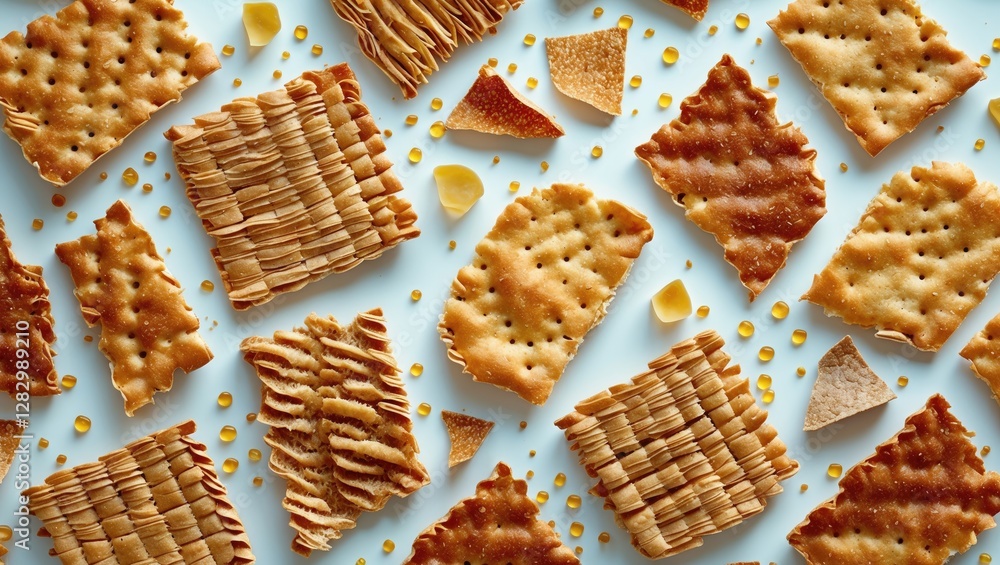 Poster variety of textured baked crackers arranged randomly on a light background showcasing different shap
