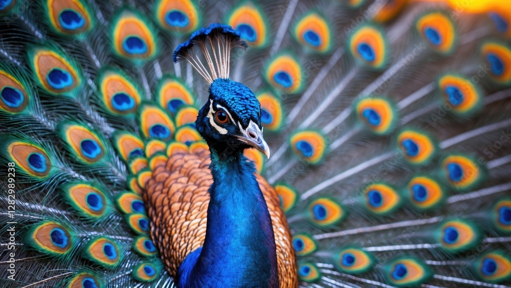 Poster vibrant male peacock displaying colorful plumage with intricate patterns and iridescent feathers in 