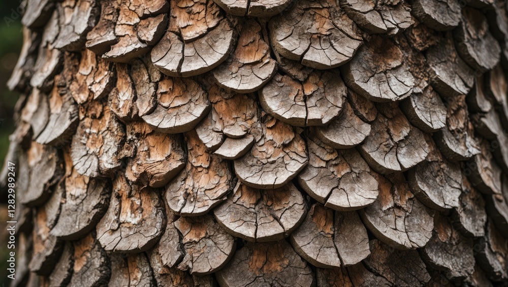 Poster detailed close-up of textured tree bark with circular scales, showcasing natural patterns and earthy