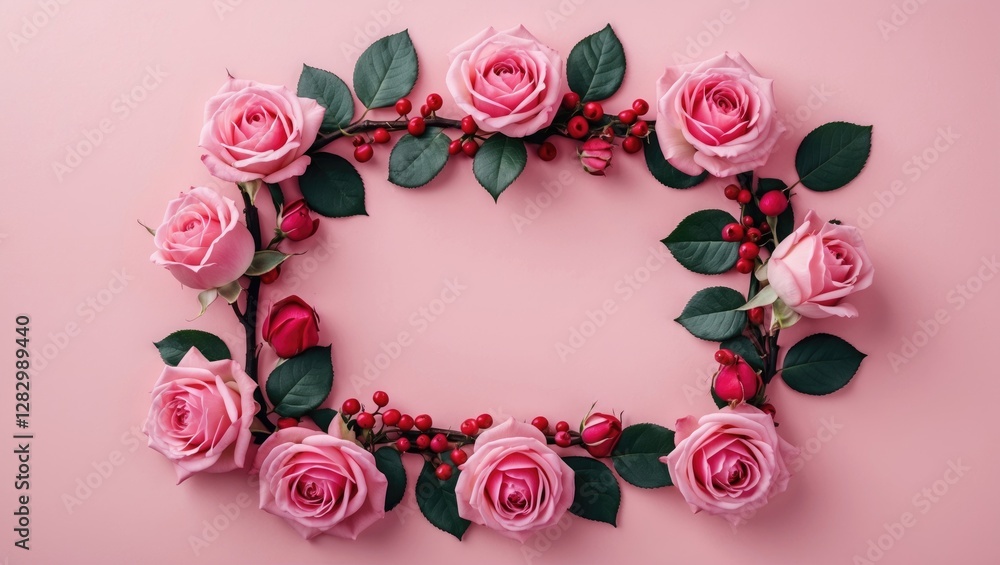 Poster pink roses arranged in a rectangular frame on a light pink background with green leaves and red berr