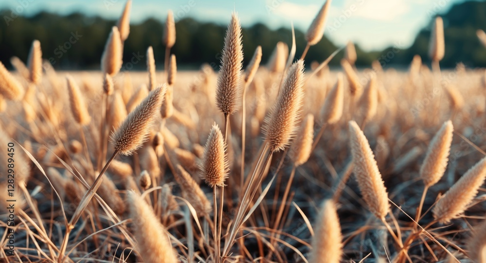 Poster dried spike grass in a sunlit field showcasing a selective focus on the unique texture and structure
