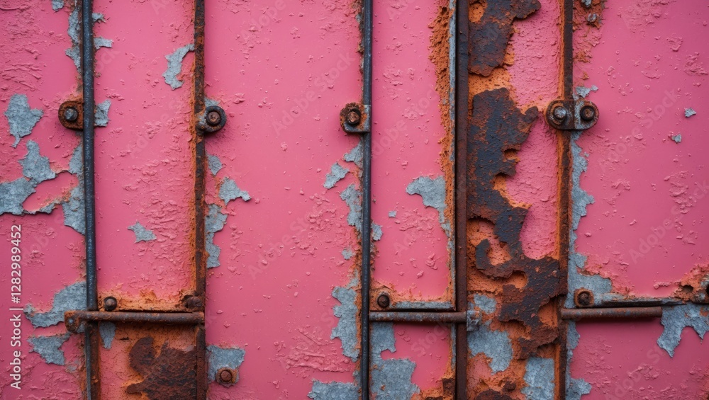 Poster rusty metal wall with pink abstract texture featuring peeling paint and corroded elements creating a