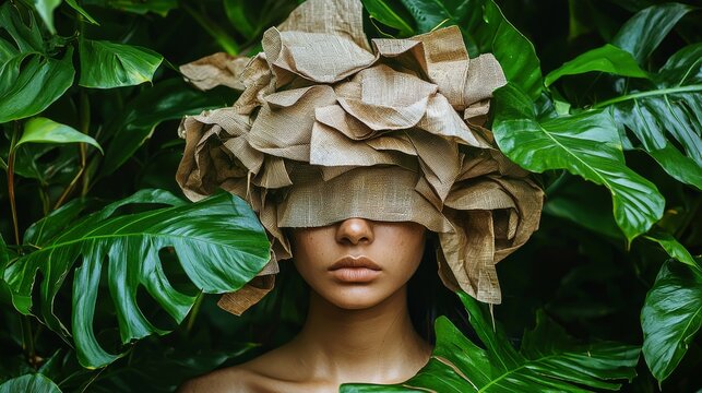 Enigmatic portrait of a young woman with natureinspired headpiece surrounded by lush tropical foliage
