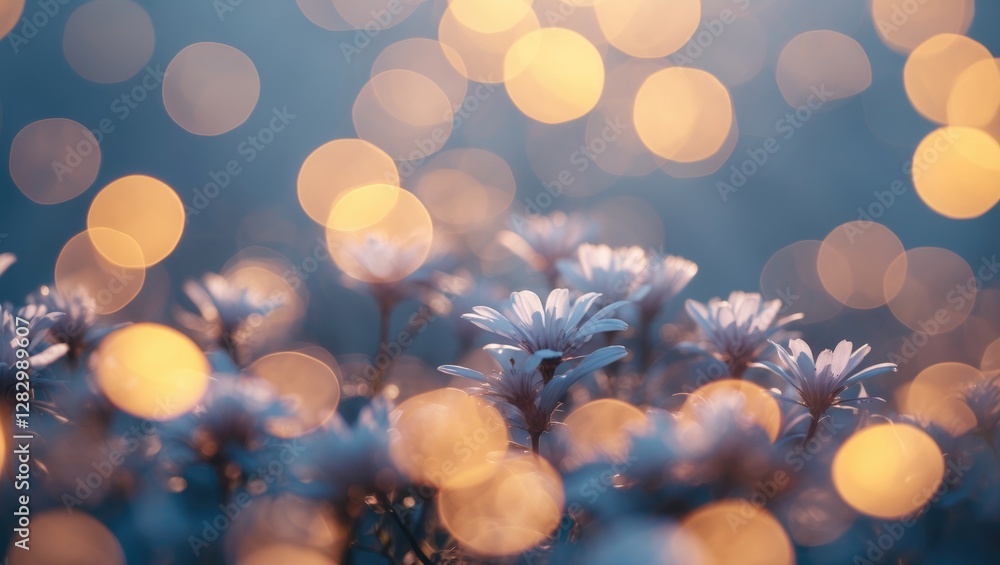 Poster enchanting floral bokeh background with soft golden and blue tones creating a dreamy atmosphere for 
