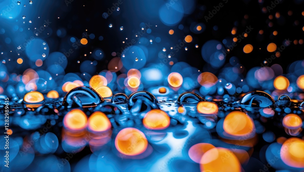 Poster abstract blue and black bokeh background with soft glowing droplets creating a dreamy atmosphere ide