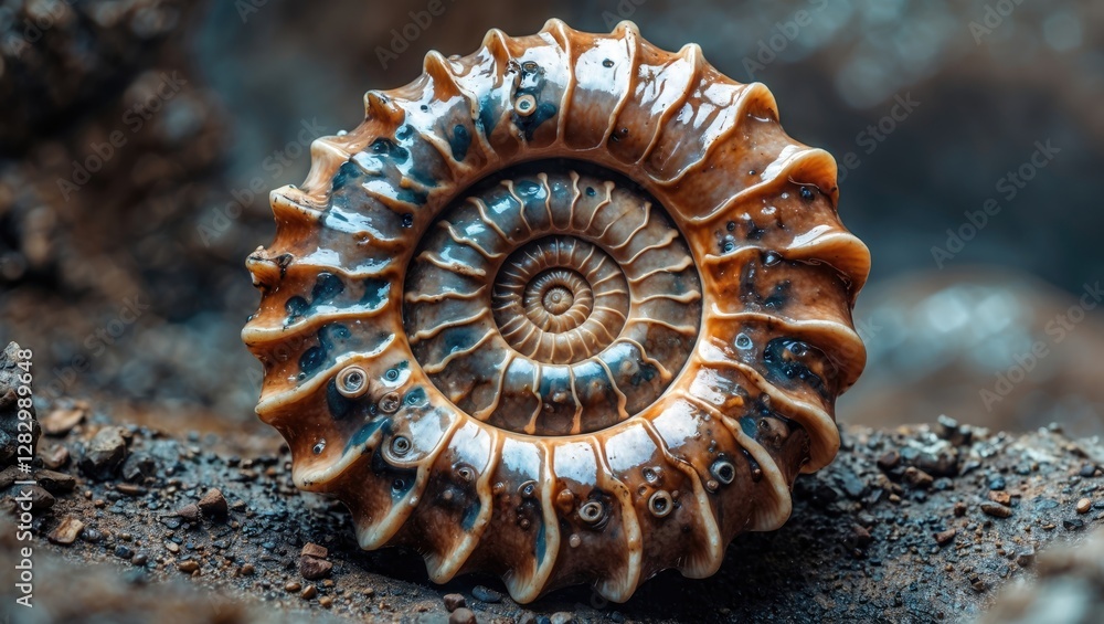 Poster fossilized ammonite shell showcasing intricate patterns and textures on a rocky surface, capturing t