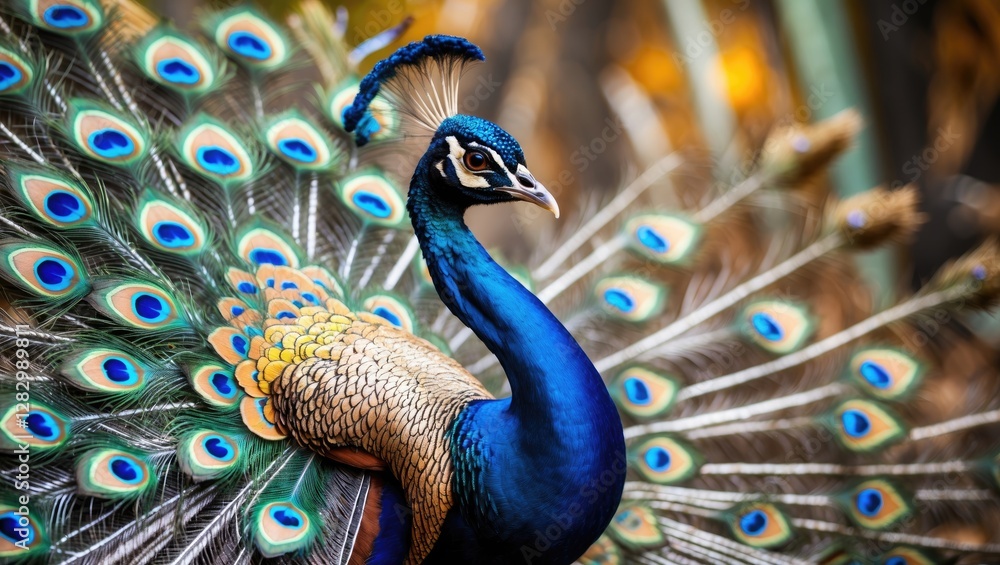 Poster peacock displaying vibrant plumage with intricate feather patterns in a natural setting.