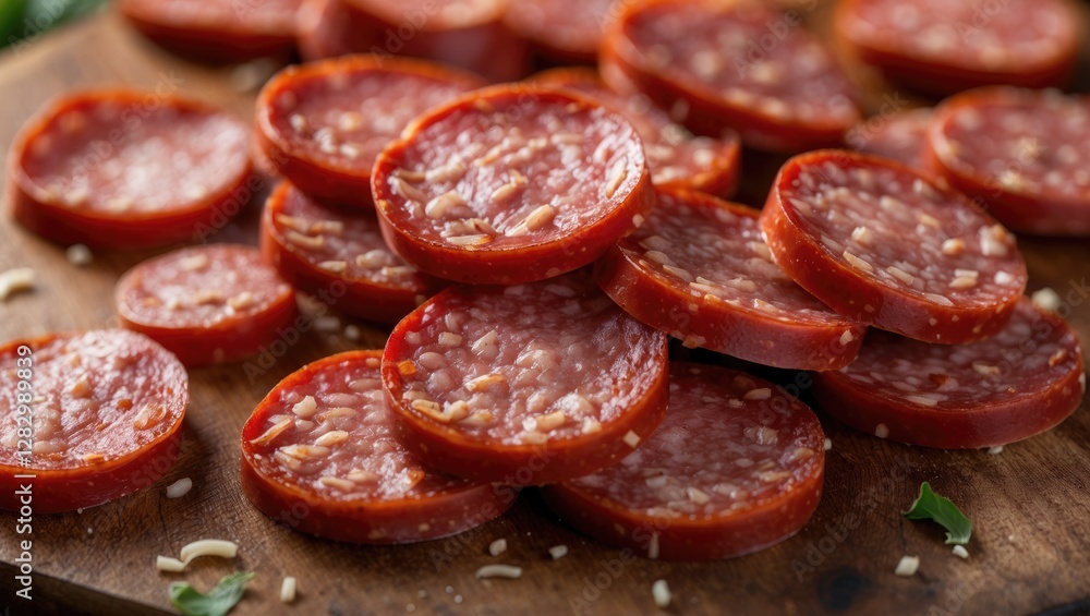 Poster sliced red salami arranged on a wooden board with a rustic presentation and visible texture details