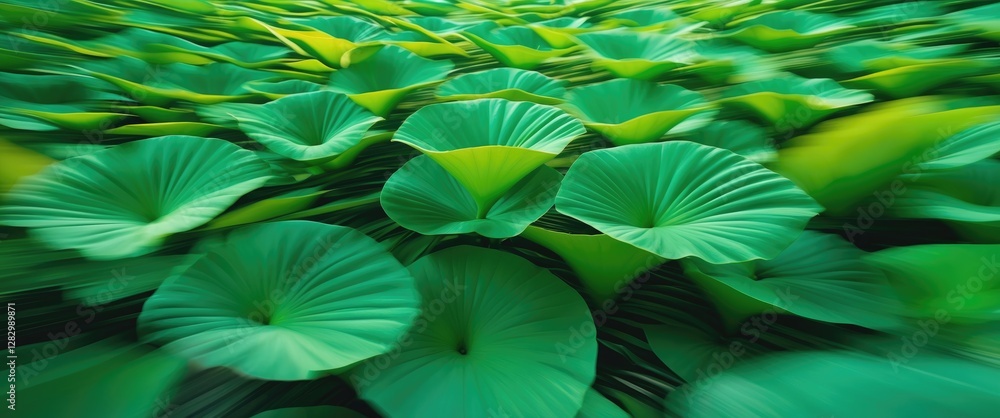 Poster lush green foliage with motion blur creating an abstract background of dynamic nature in vibrant gre