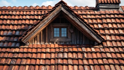 roof structure with terracotta tiles and wooden gable window in residential building under blue sky
