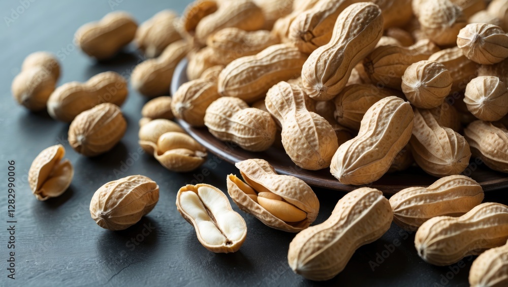 Poster close-up of raw unpeeled peanuts on a dark surface with a bowl and scattered peanuts showing open sh