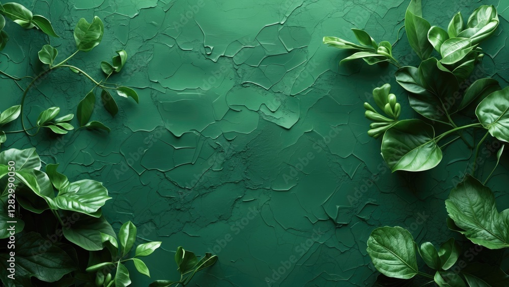 Poster lush green abstract background with textured paint and foliage creating a serene and vibrant atmosph