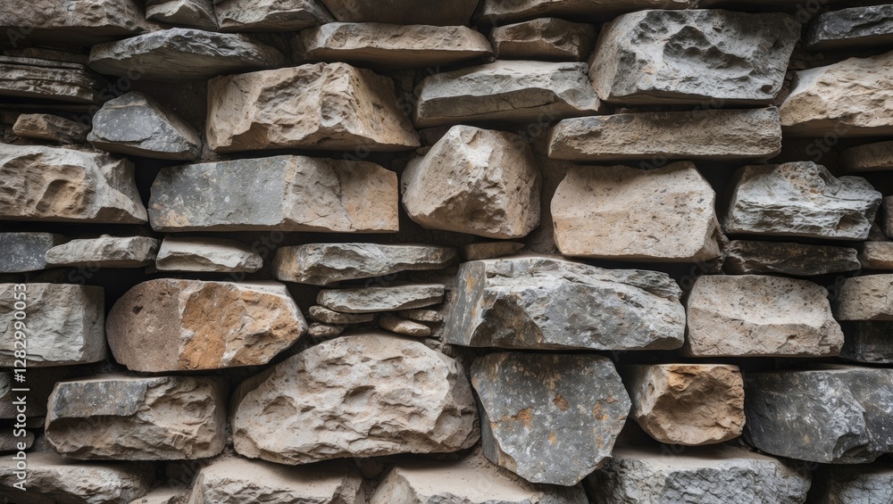 Poster textured pattern of unevenly stacked natural stone bricks in various sizes and shapes, displaying ea
